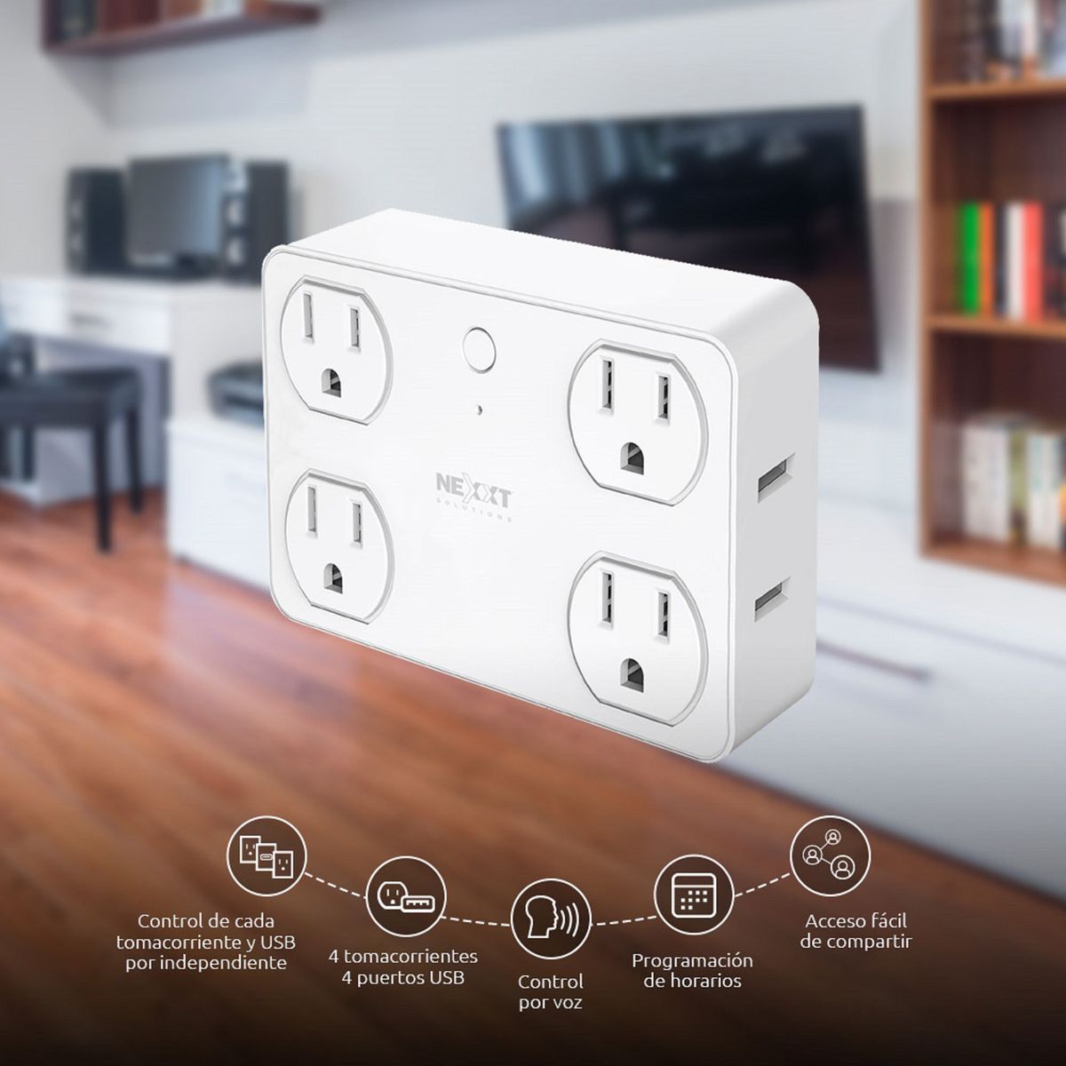 NEXXT SOLUTIONS - Enchufe inteligente Wi-Fi 110V - 220V - 4 salidas con USB para carga