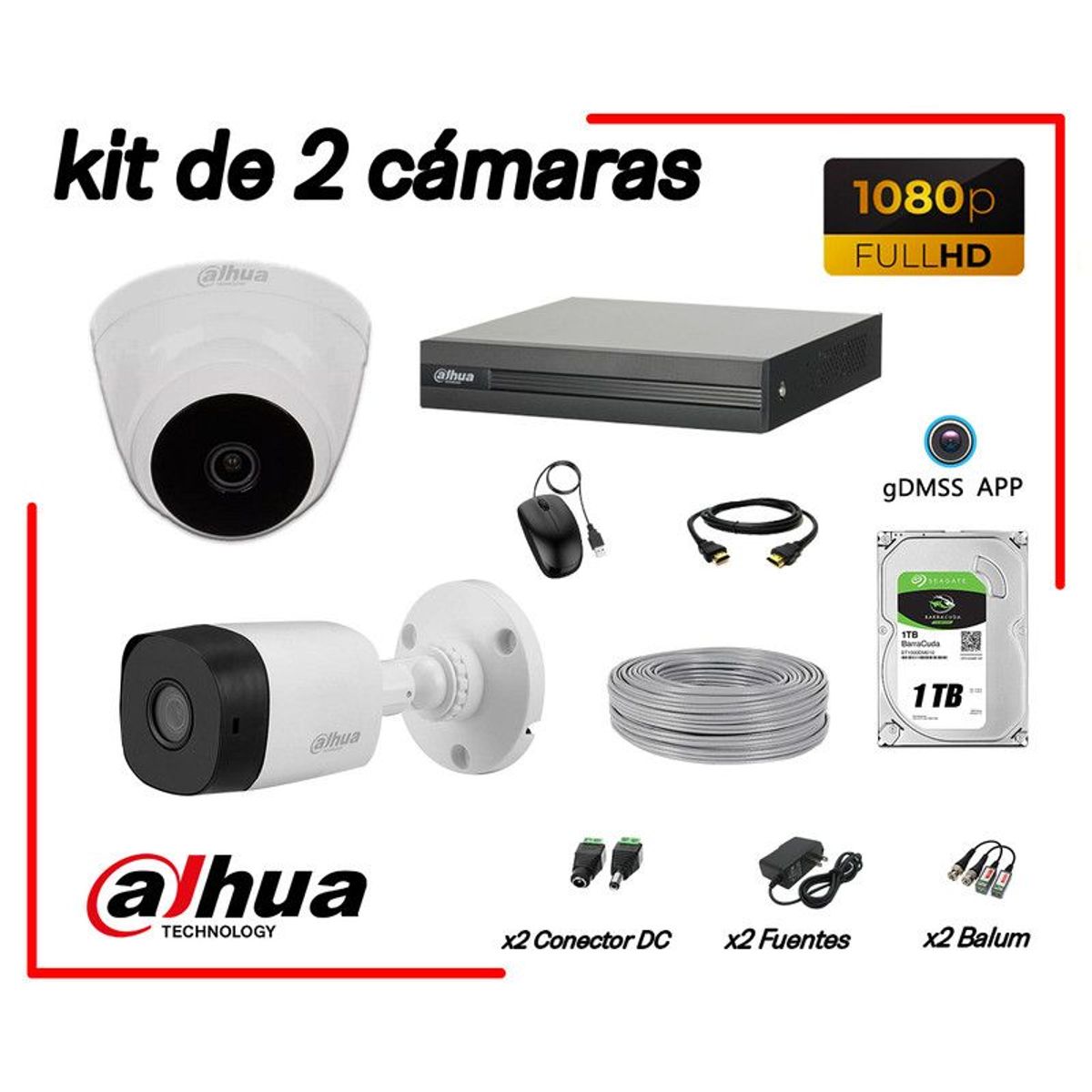 DAHUA - CÁMARAS SEGURIDAD KIT 2 FULL HD 1080P + DISCO 1TB COMPLETO