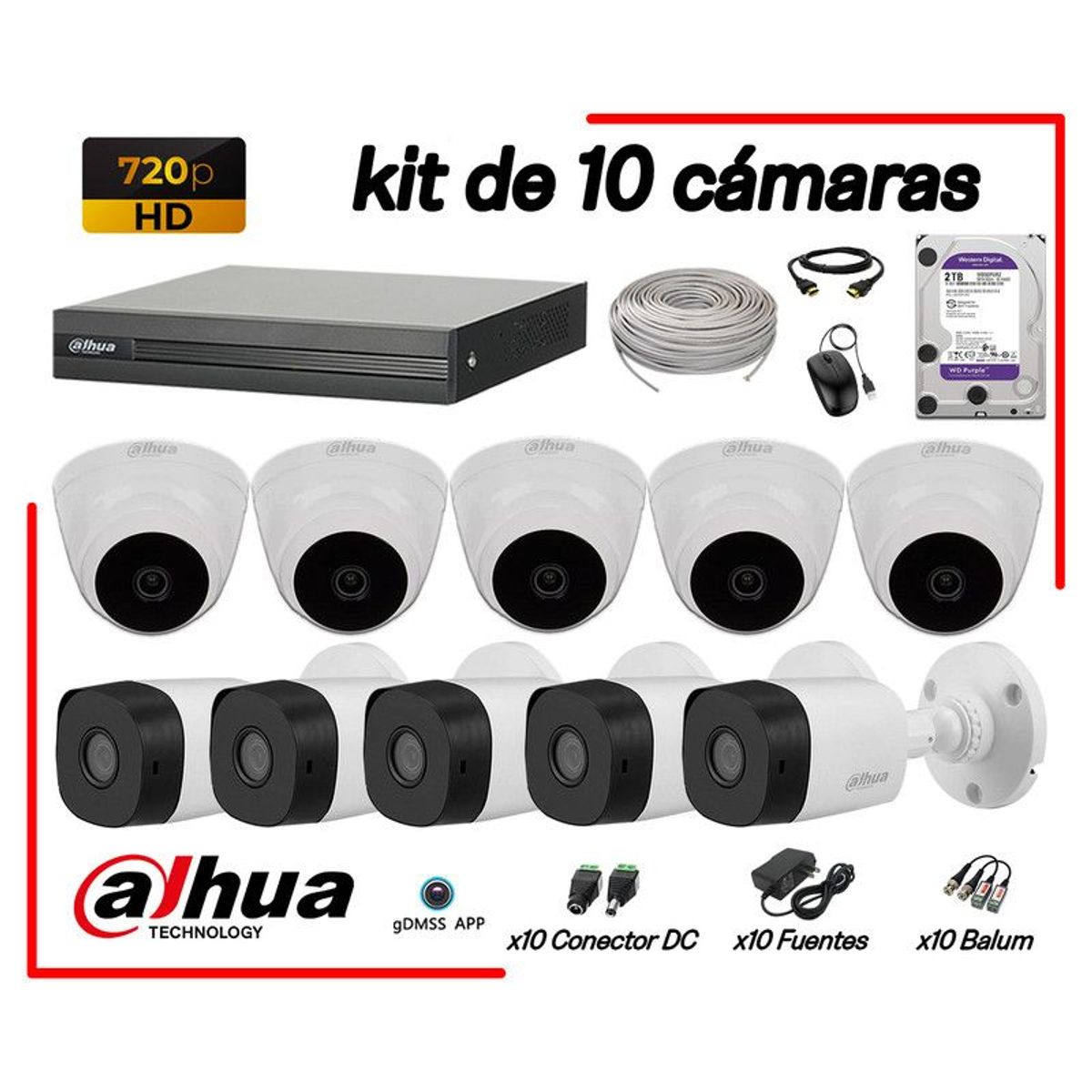 DAHUA - CÁMARAS SEGURIDAD KIT 10 HD 720P + DISCO 2TB COMPLETO P2P