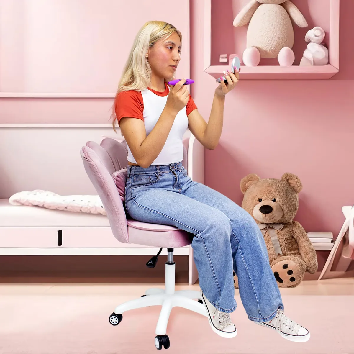 INIUS - Silla Rosa de Tocador Ergonomica - Elif con Regulador de Altura