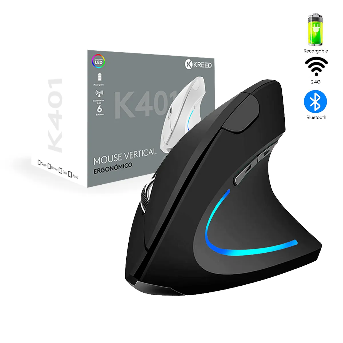 KREED - Mouse Ergonómico Vertical inalámbrico Recargable - Negro