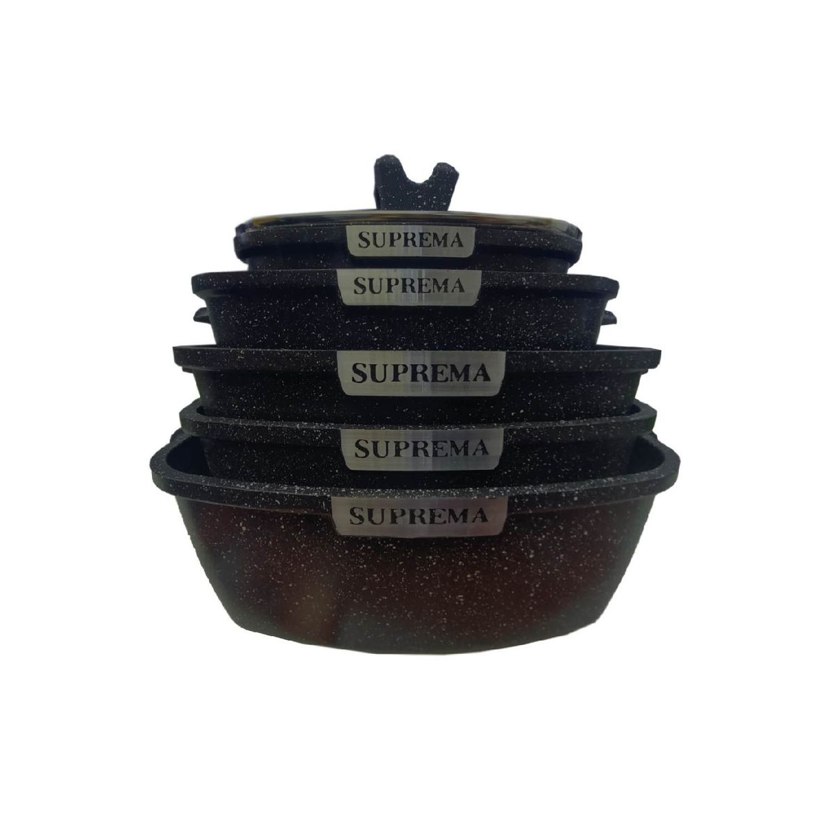 SUPREMO - Ollas Suprema Roca Volcánica Con Revestimiento en Mármol 10Pza - negro