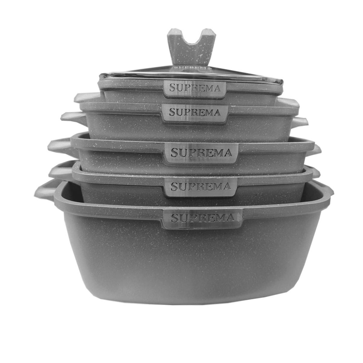 SUPREMO - Ollas Suprema Roca Volcánica Con Revestimiento en Mármol 10Pza -silver