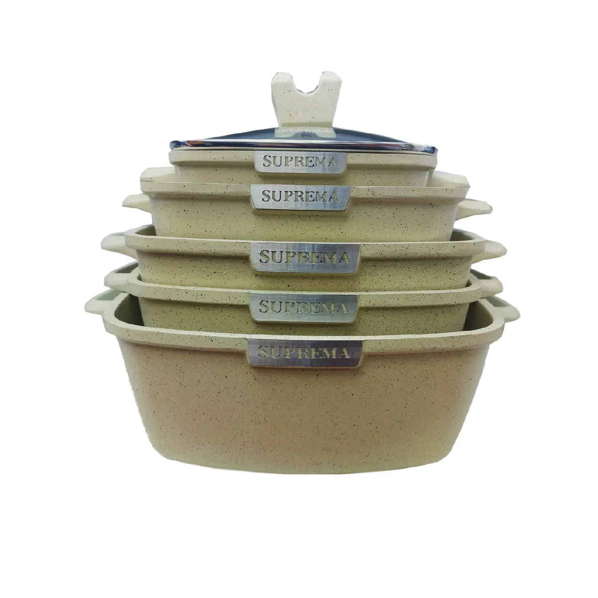 SUPREMO - Ollas Suprema Roca Volcánica Con Revestimiento en Mármol 10Pza -arena