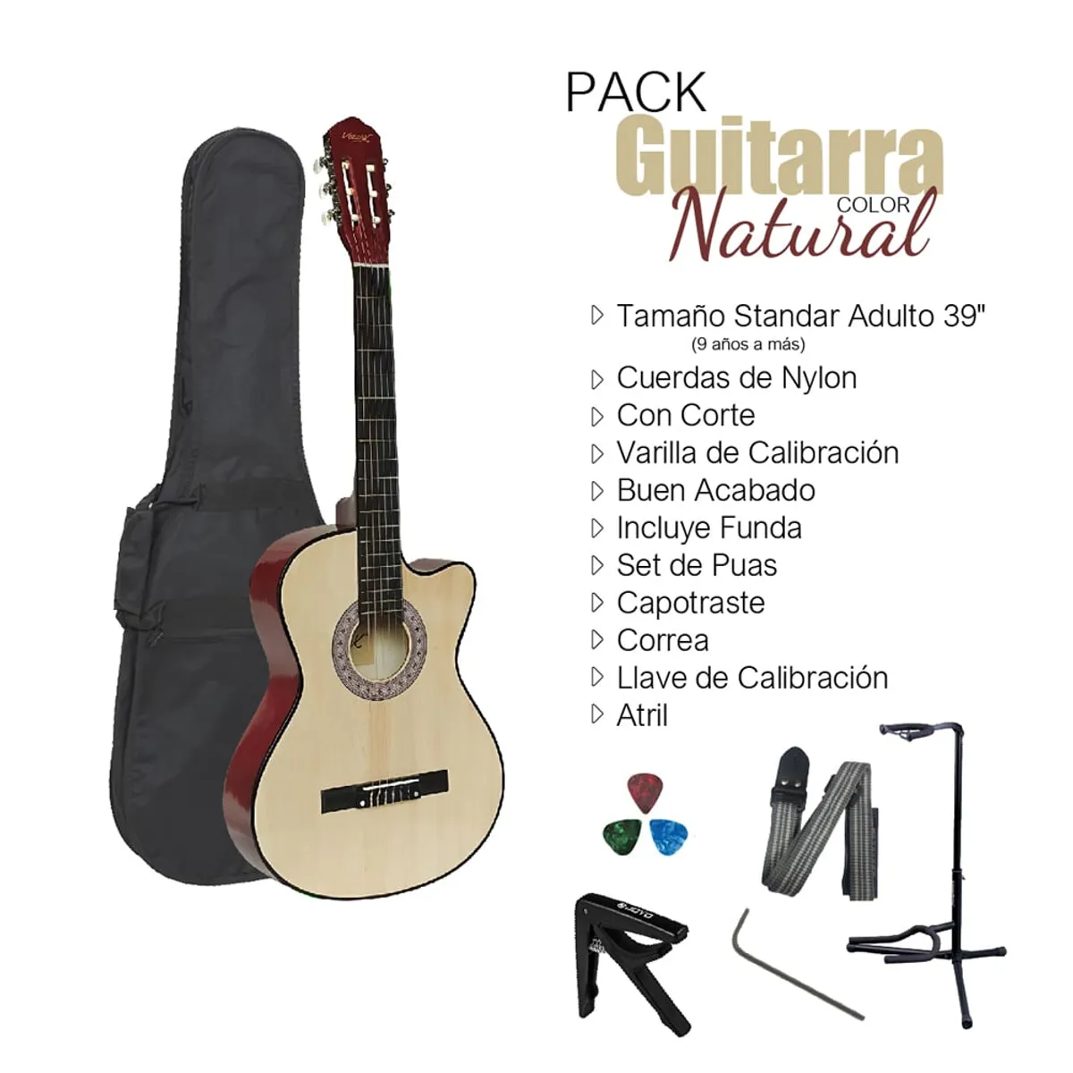 VOZZEX - VOZZEX PACK DE GUITARRA ACUSTICA NYLON NATURAL