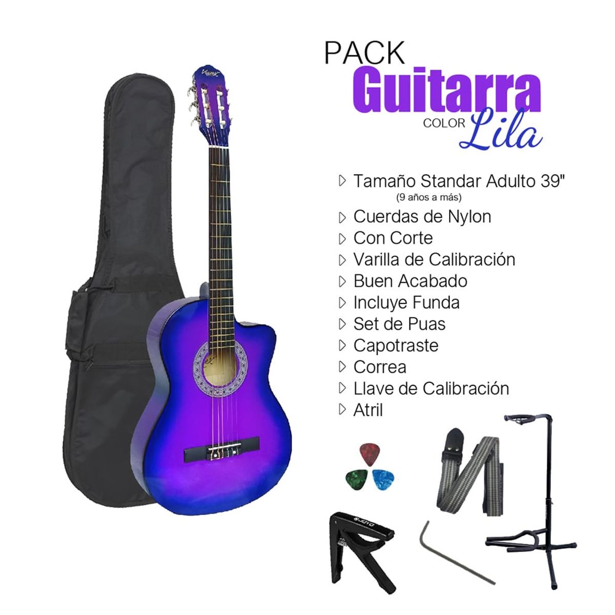 VOZZEX - VOZZEX PACK DE GUITARRA ACUSTICA NYLON LILA