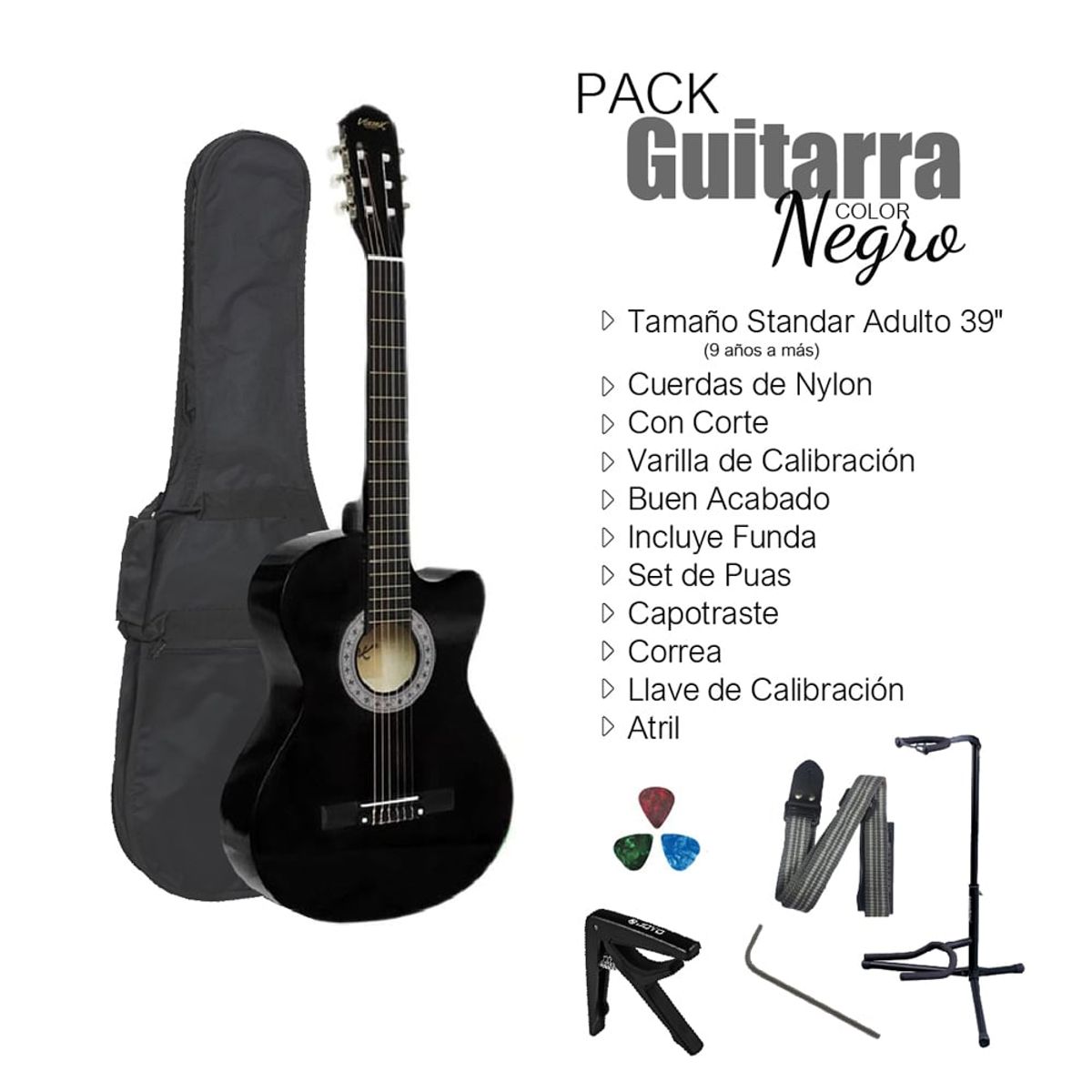 VOZZEX - VOZZEX PACK DE GUITARRA ACUSTICA NYLON NEGRO