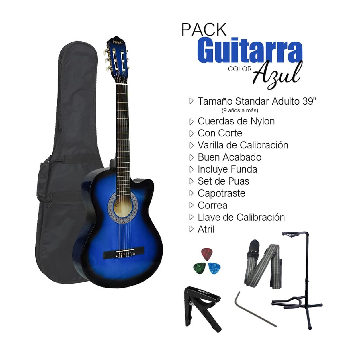 VOZZEX - VOZZEX PACK DE GUITARRA ACUSTICA NYLON AZUL 