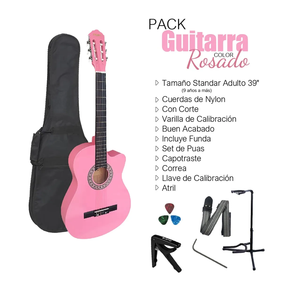 VOZZEX - VOZZEX PACK DE GUITARRA ACUSTICA NYLON ROSADA