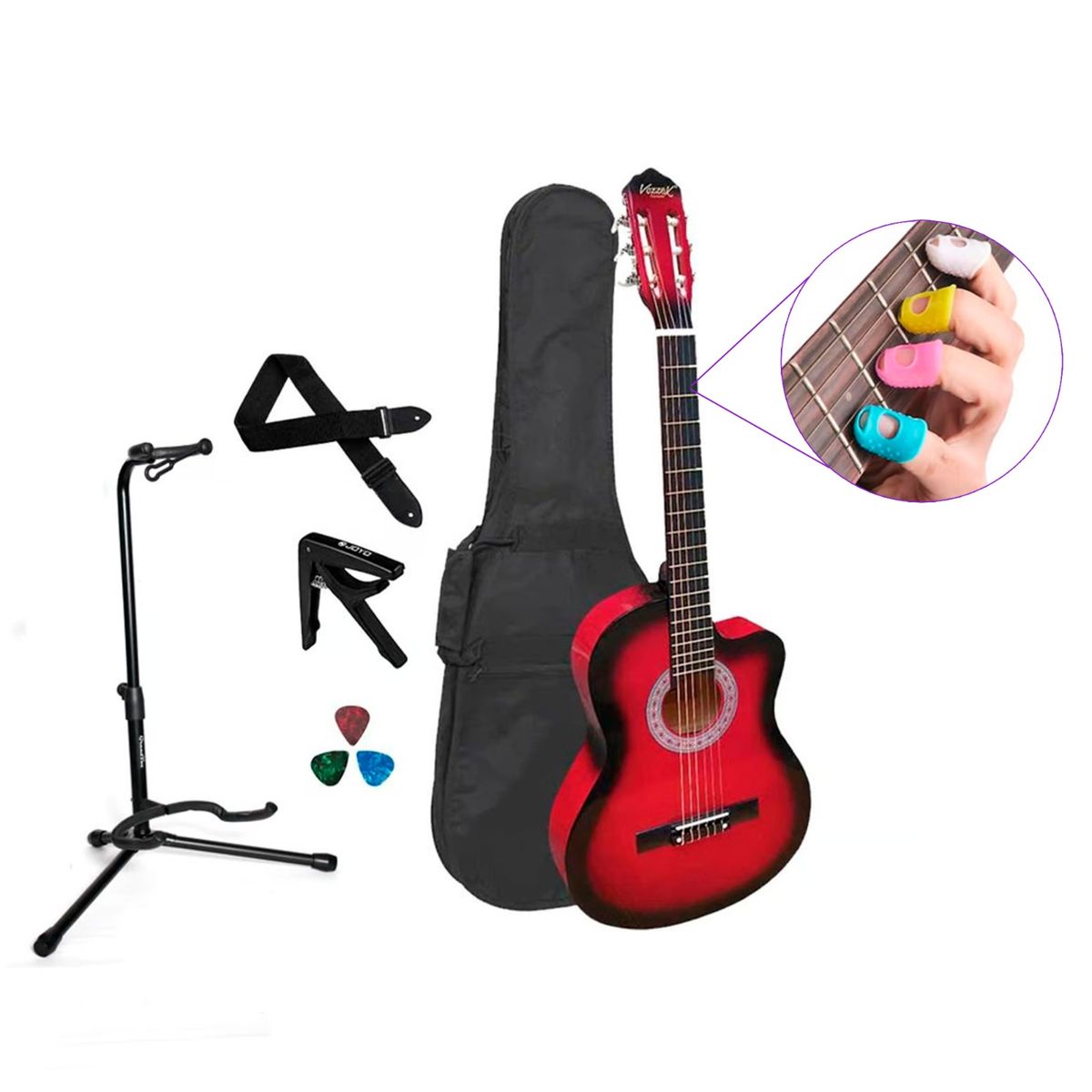 VOZZEX - VOZZEX PACK DE GUITARRA ACUSTICA NYLON ROJA