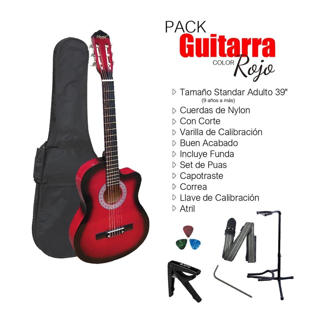 VOZZEX - VOZZEX PACK DE GUITARRA ACUSTICA NYLON ROJA