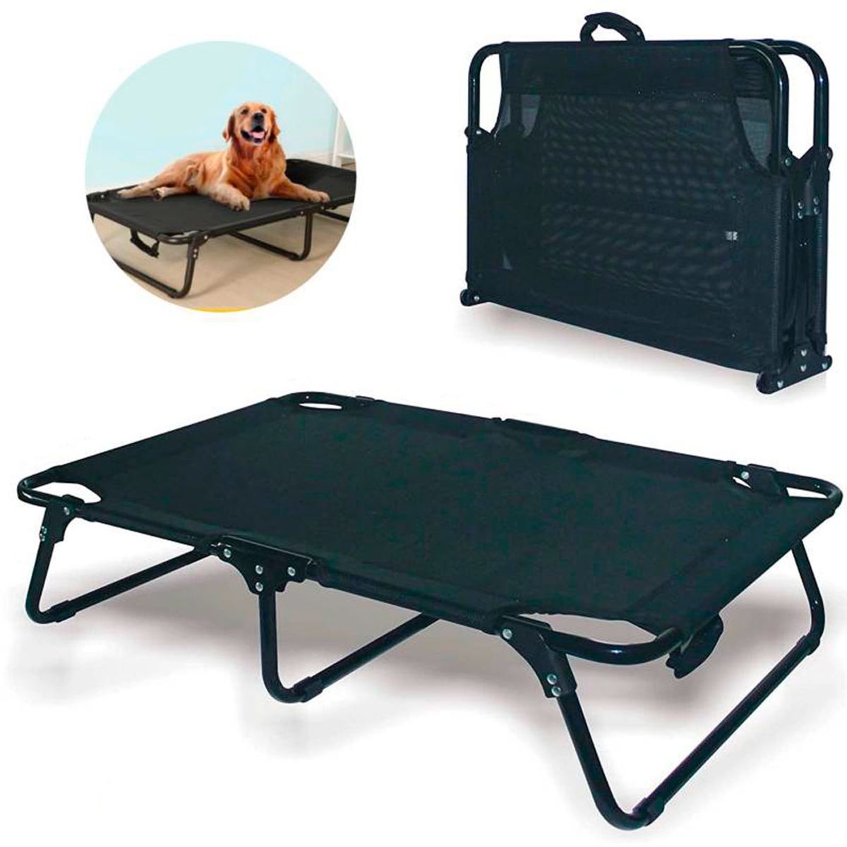QUE PATAS PET SHOP - Cama Elevada Plegable Portátil Negro De Malla Para Mascotas Talla M