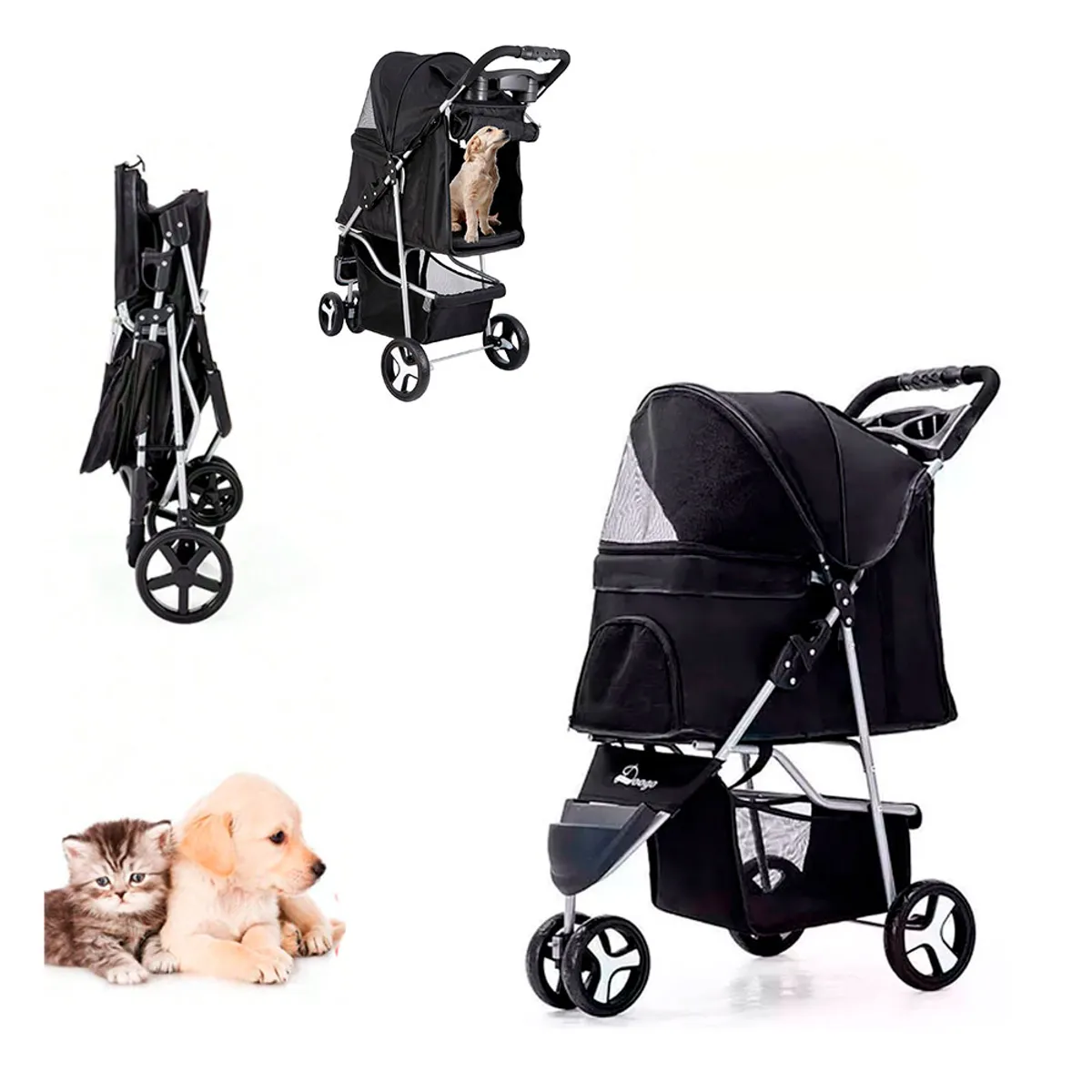 QUE PATAS PET SHOP - Coche De 3 Ruedas Para Mascotas Plegable 15 Kg Color Negro