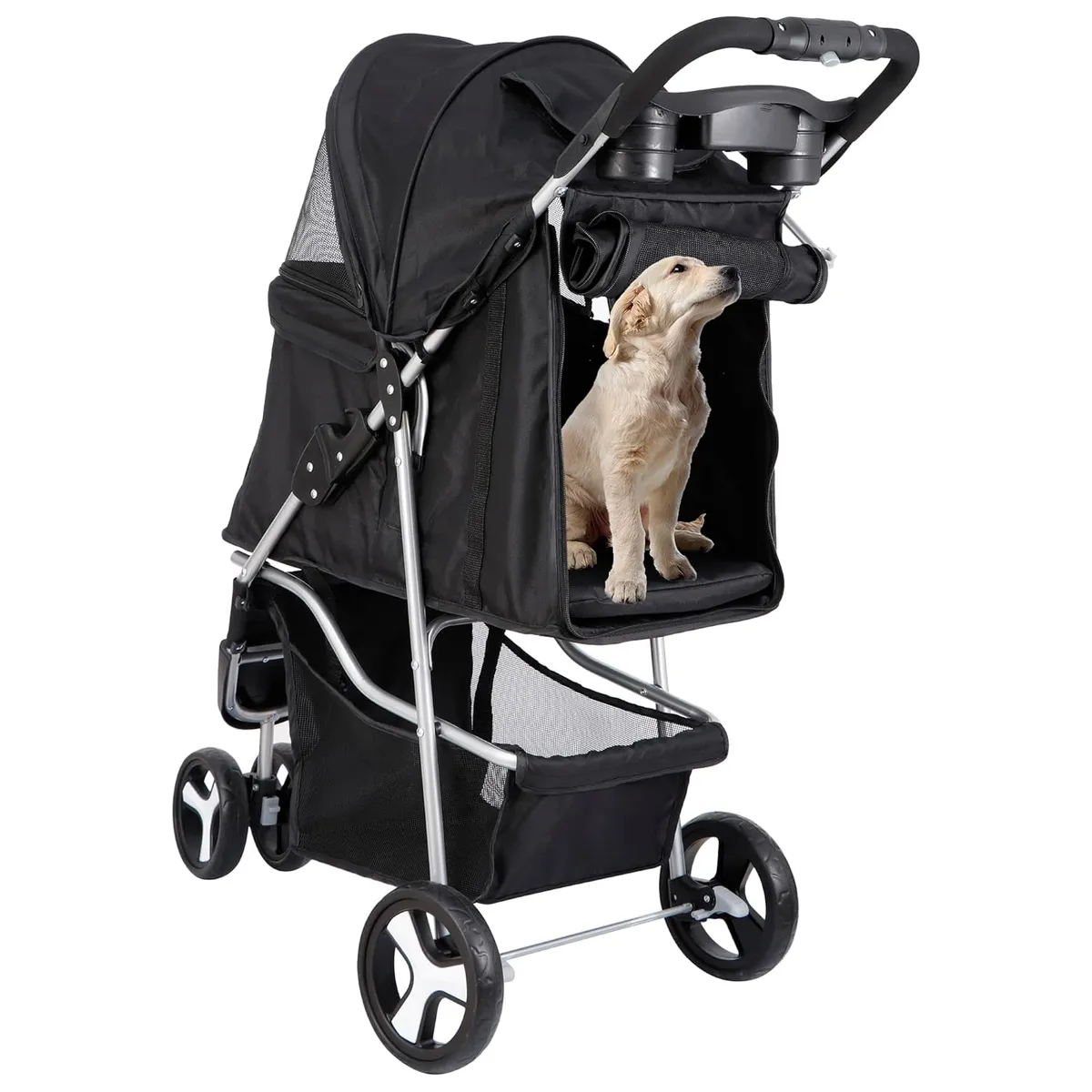 QUE PATAS PET SHOP - Coche De 3 Ruedas Para Mascotas Plegable 15 Kg Color Negro