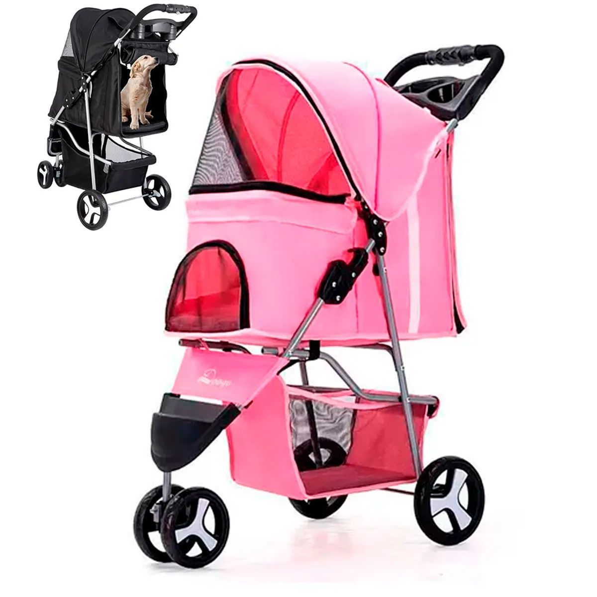 QUE PATAS PET SHOP - Coche 3 Ruedas Para Mascotas Plegable 15 Kg Color Rosado