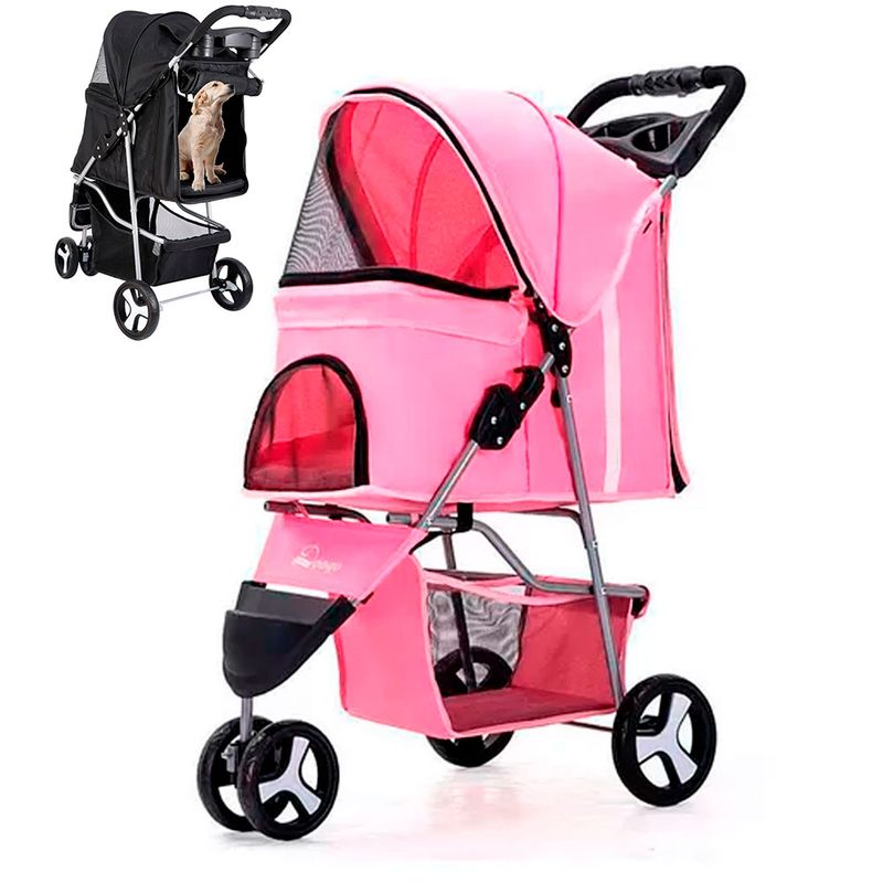 QUE PATAS PET SHOP - Coche 3 Ruedas Para Mascotas Plegable 15 Kg Color Rosado