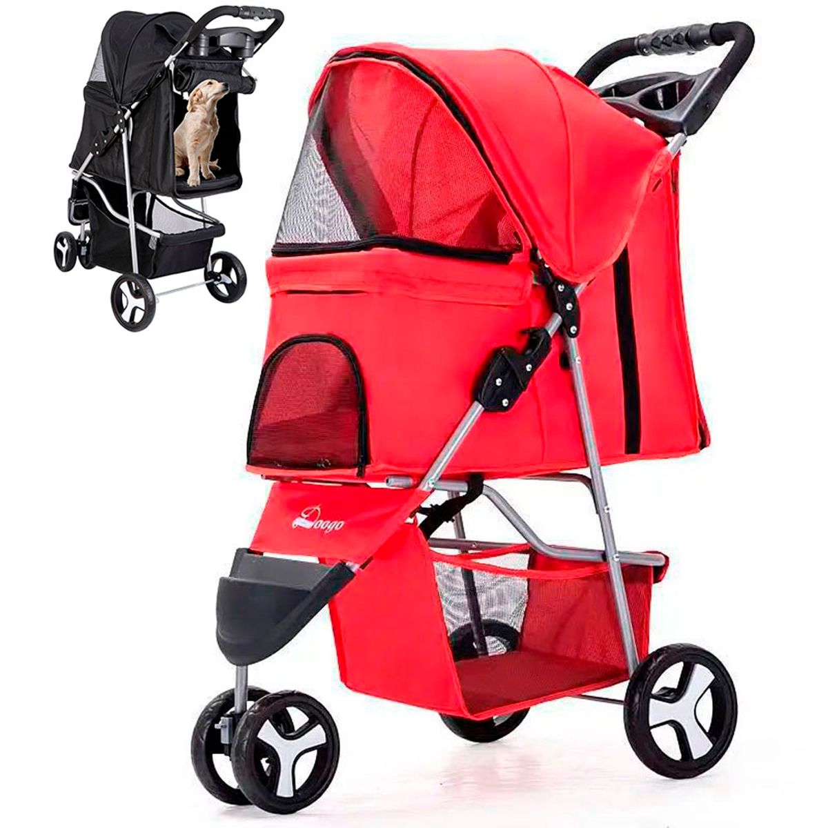 QUE PATAS PET SHOP - Coche De 3 Ruedas Para Mascotas Plegable 15 Kg Color Rojo