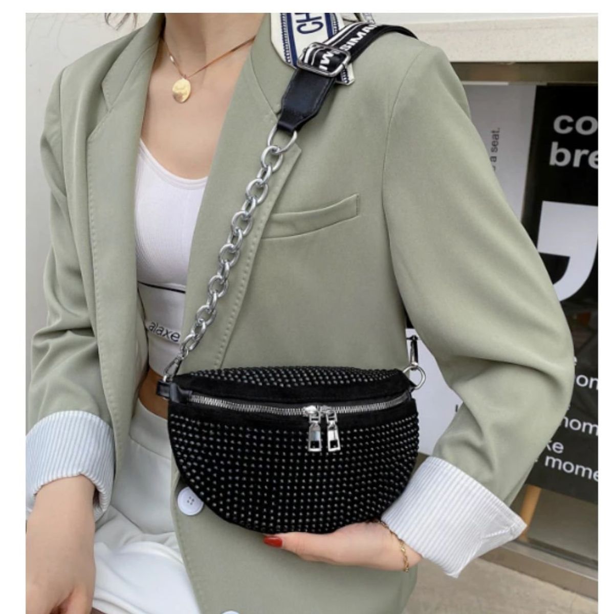 GENERICO - Riñonera Bolso de mujer en Fina Pedreria Negro