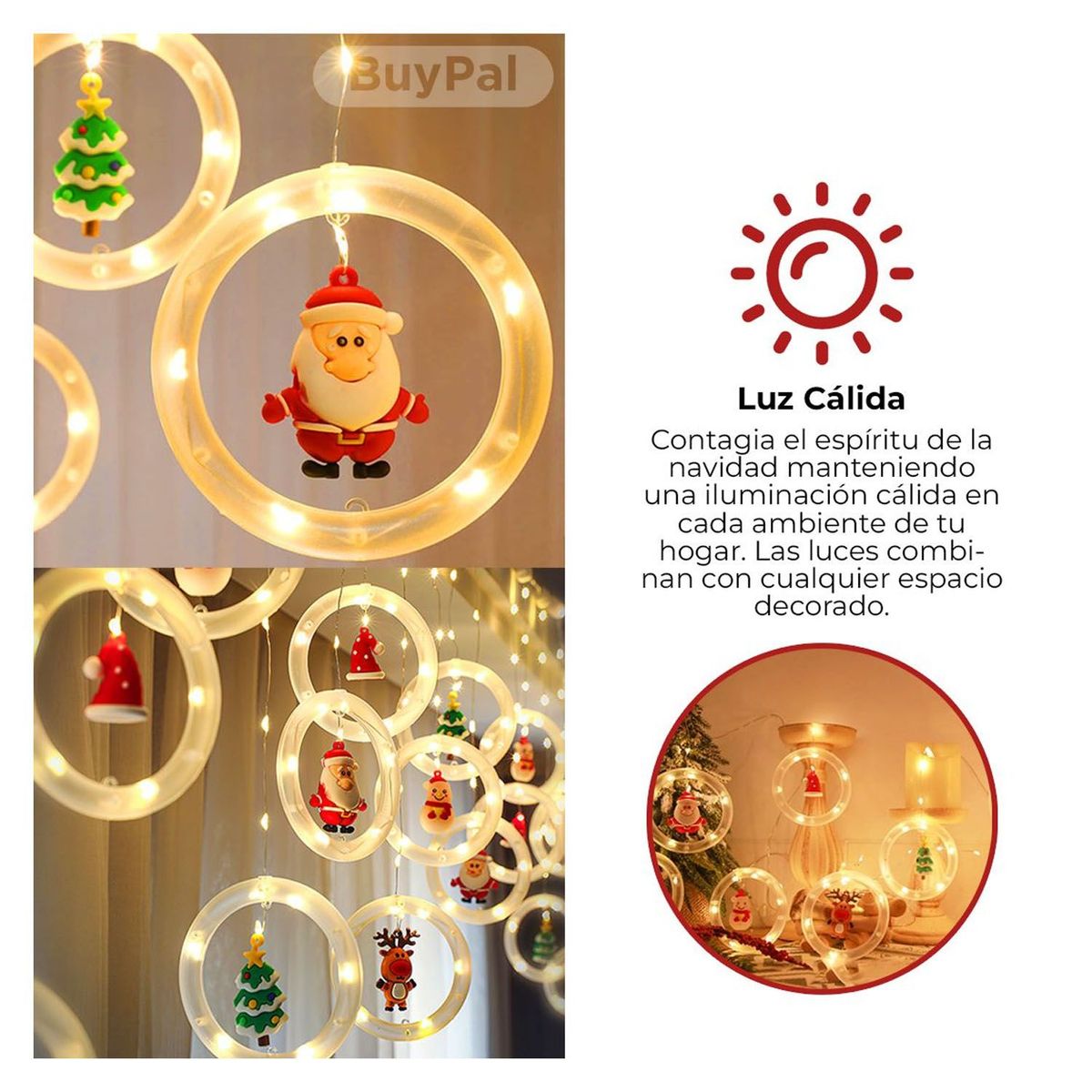 BUYPAL - Cortina Luces Navidad Aros Figuras LED Guirnalda - Calido