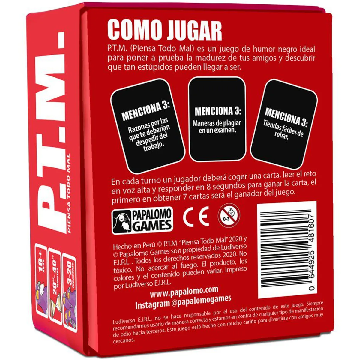 PAPALOMO GAMES - Juego de cartas PTM -  Piensa Todo Mal