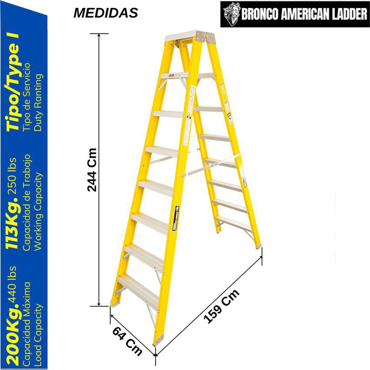 BRONCO AMERICAN - Escalera bronco american fibra de vidrio tijera doble de 8 pasos