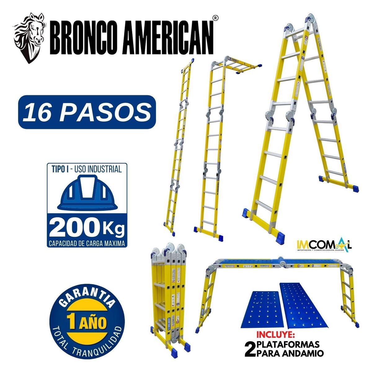 BRONCO AMERICAN - Escalera Multiposición Fibra de Vidrio 16 Pasos