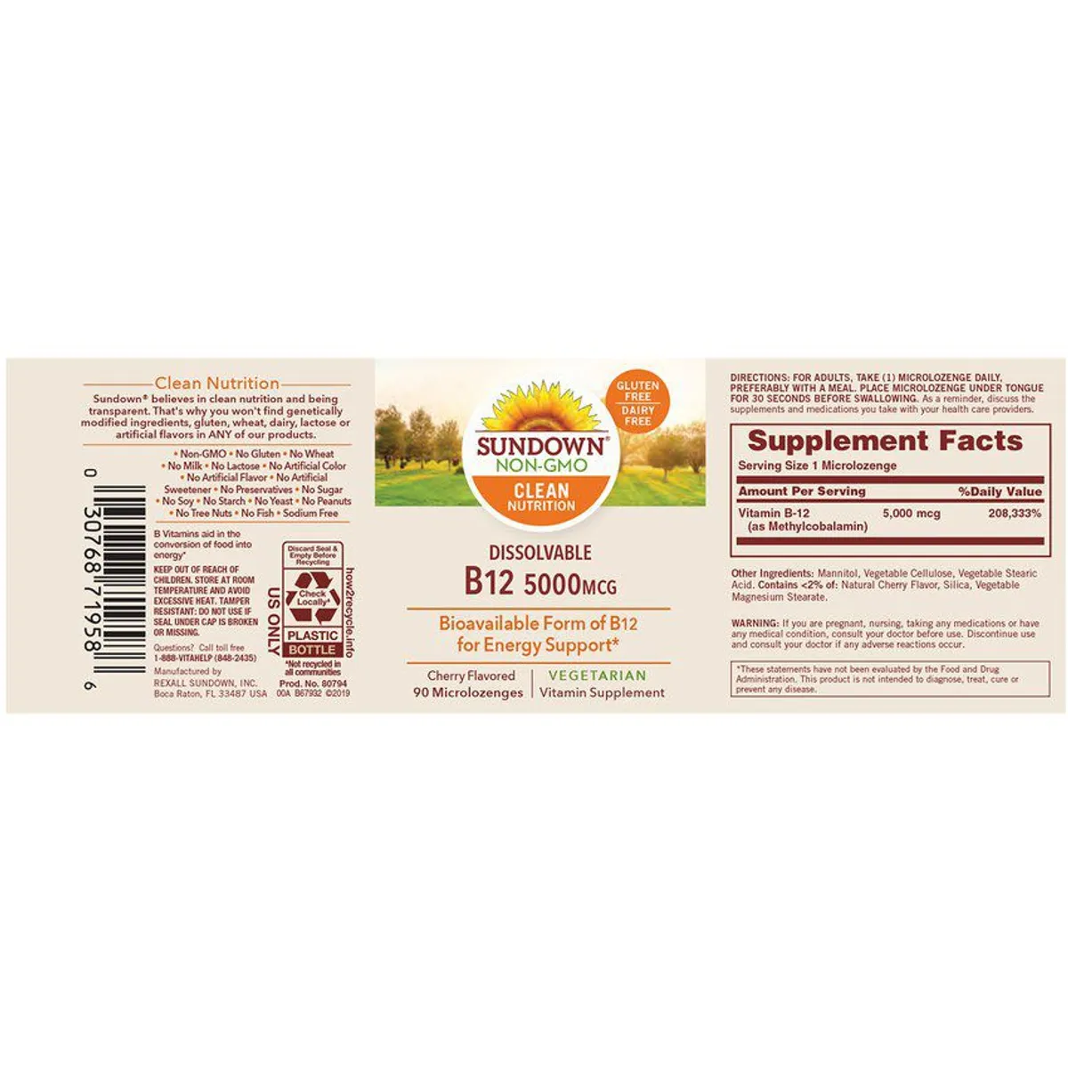 SUNDOWN - Vitamina  B-12 - 5000 mcg. sublingual sabor a cereza SD