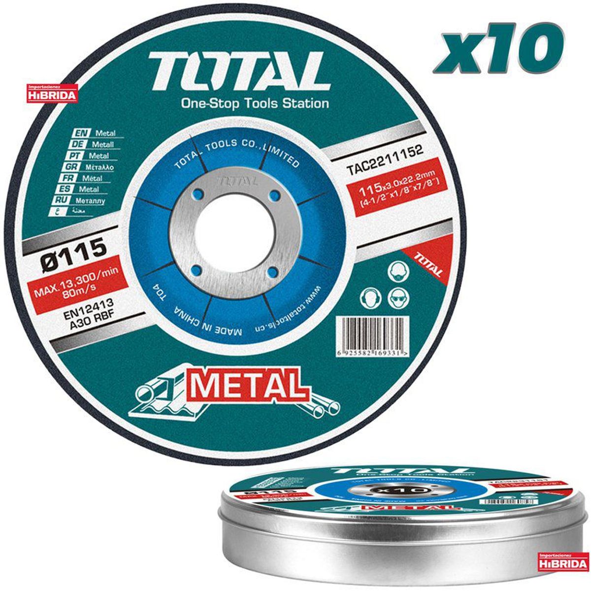 TOTAL TOOLS - DISCO CORTE METAL ACERO 4 1/2'' X10U AMOLADORA TOTAL - TAC2211155