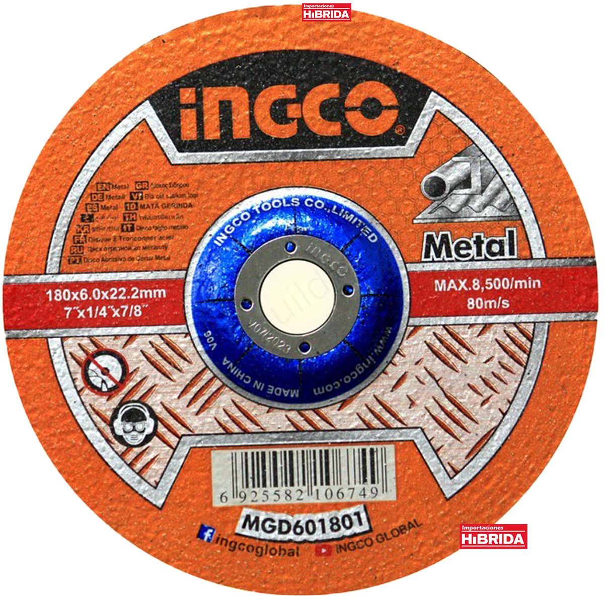 INGCO TOOLS - DISCO DE DESBASTE 7 ABRASIVO CORTE METAL AMOLADORA INGCO - MGD601801