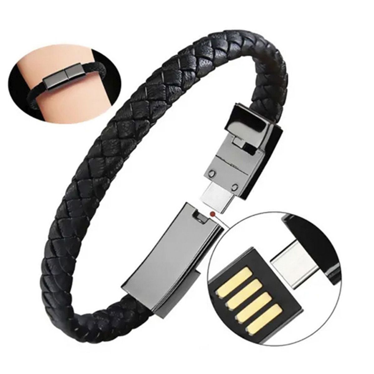 KREED - Brazalete Pulsera de Cuero Cable USB Tipo C - NEGRO