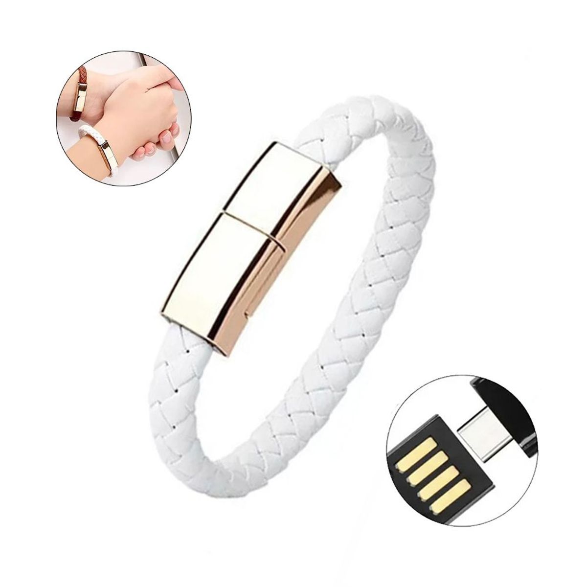 KREED - Brazalete Pulsera de Cuero Cable Usb Tipo C - BLANCO