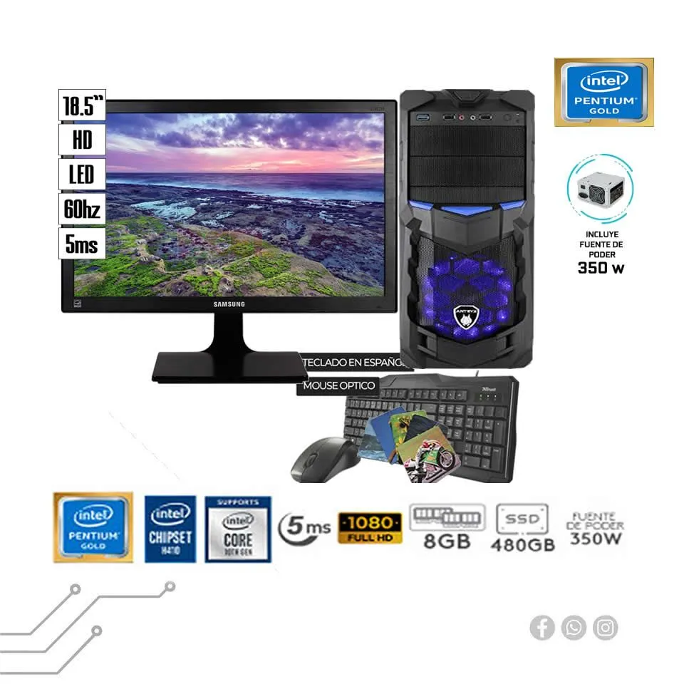 COMPUTADORA INTEL PENTIUM GOLD G6400 4GHZ RAM 8GB DDR4 SSD 480GB MONITOR 185