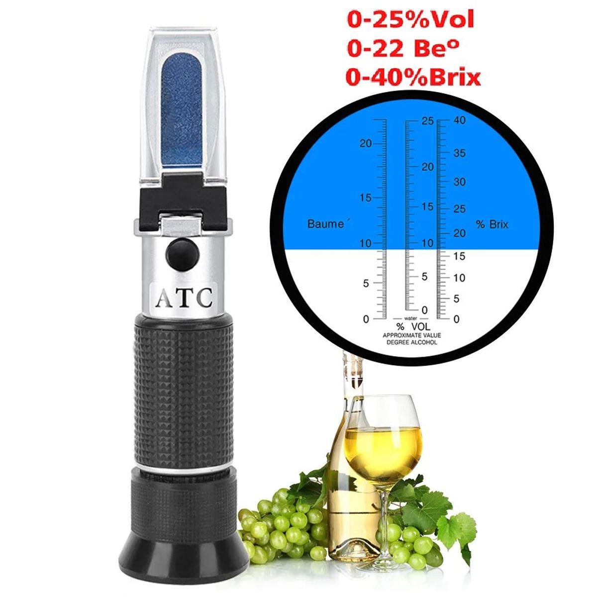 OEM - Refractómetro ATC 0-40 Brix 0-25 V 0-22 Be Alcohol Hidrómetro Mosto