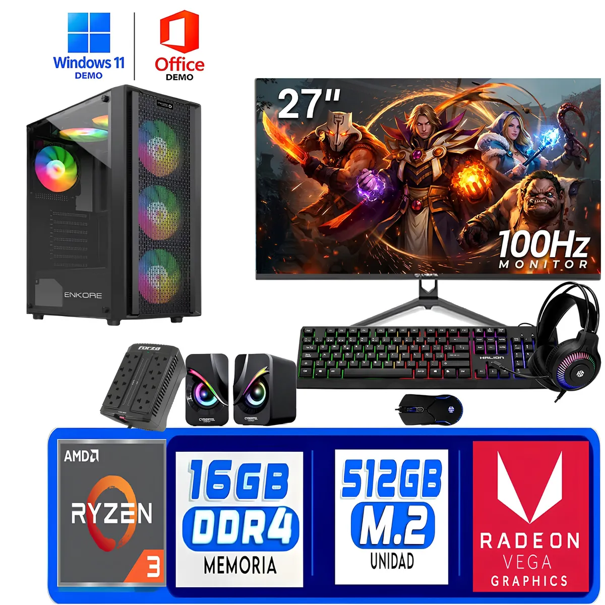 AMD - PC de Escritorio PCRacing AMD Ryzen 3 3200G  16 GB RAM  500 GB SSD Gráficos Radeon Vega 8 WiFi