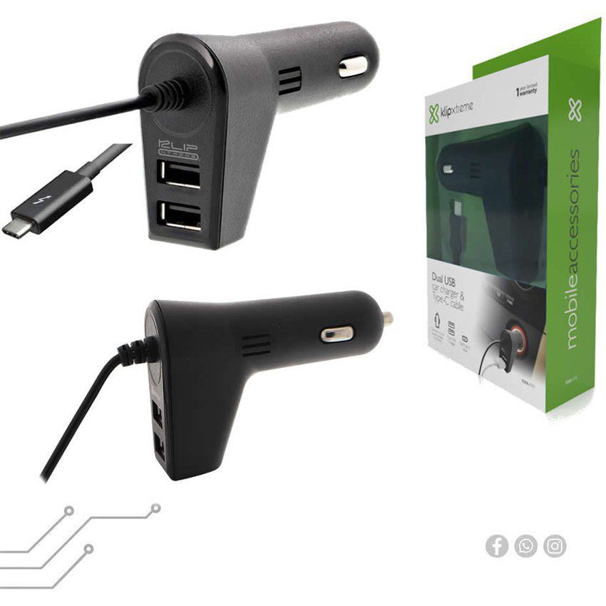 Klip xtreme - cargador usb doble para automóvil con cable integrado usb tipo-c - kma-111