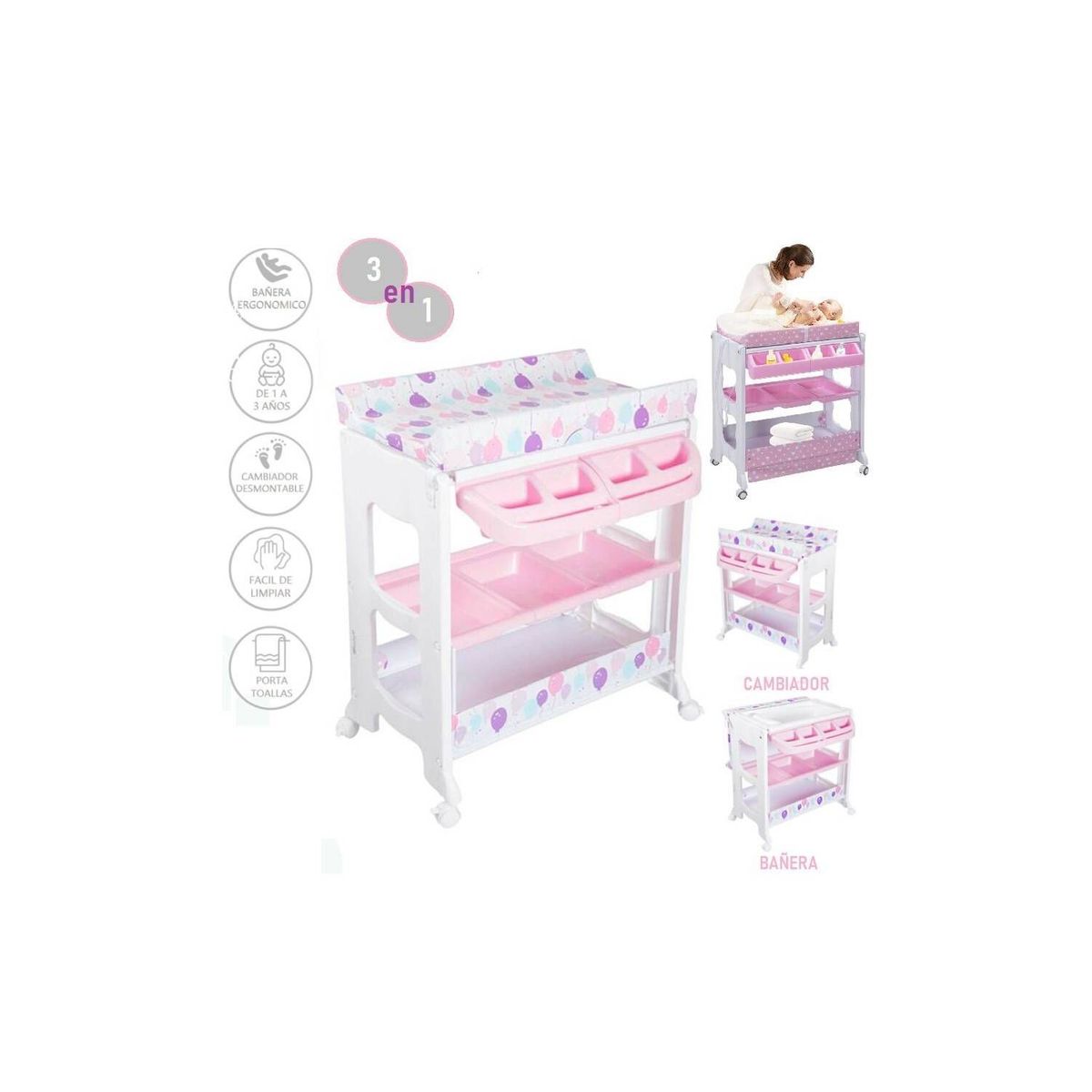 EBABY - Bañera NATIEL con Cambiador Organizador y Ruedas