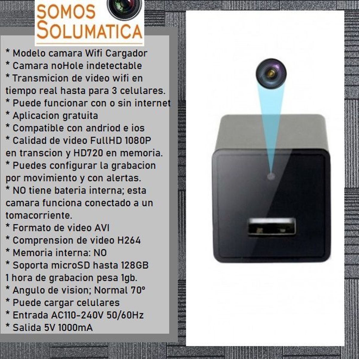 GENERICO - Camara Cargador Espia Wifi - Solumatica - FullHD Video en Vivo