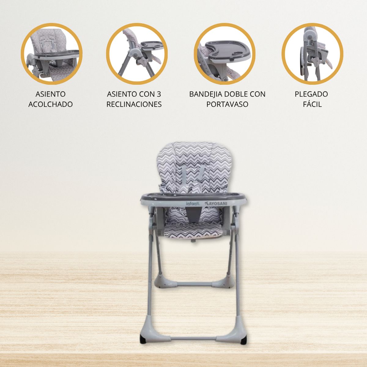 INFANTI - Silla de Comer Graduable para Bebé «APPETITO PATTERN» Gray
