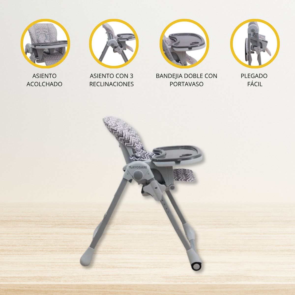 INFANTI - Silla de Comer Graduable para Bebé «APPETITO PATTERN» Gray