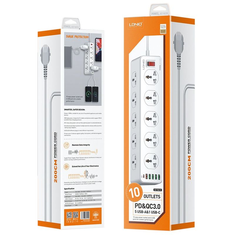 LDNIO - Tomacorriente extension de 10 puertos + conector usb LDNIO