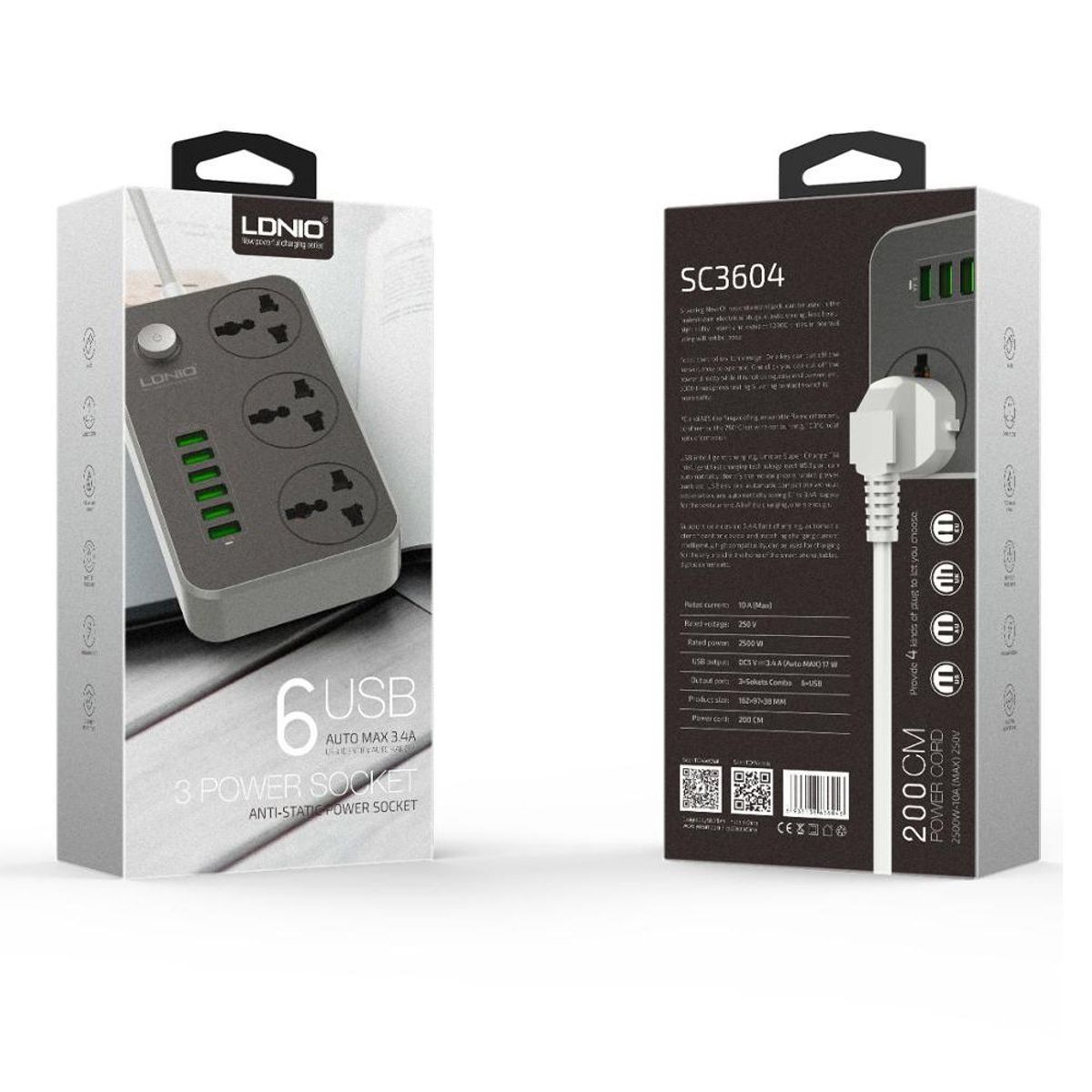 LDNIO - Tomacorriente De 3 puertos + 6 Usb Para Smartphone, Tablet