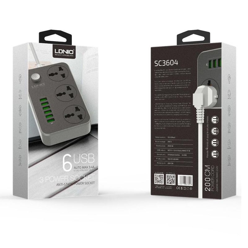 LDNIO - Tomacorriente De 3 puertos + 6 Usb Para Smartphone, Tablet