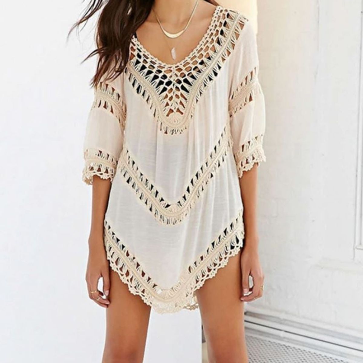 GENERICO - Salida De Playa Mini Vestido En Crochet Color Beige