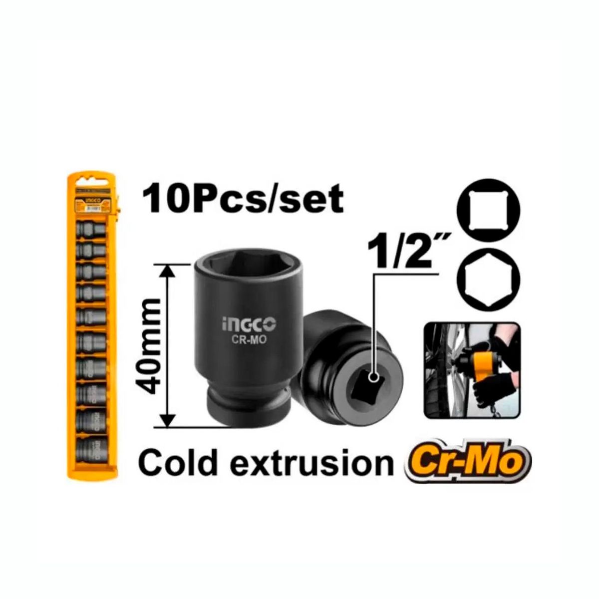 INGCO TOOLS - SET DE 10 DADOS Â½" PARA LLAVE DE IMPACTO NÂ°10-24 INGCO - HKISSD12101