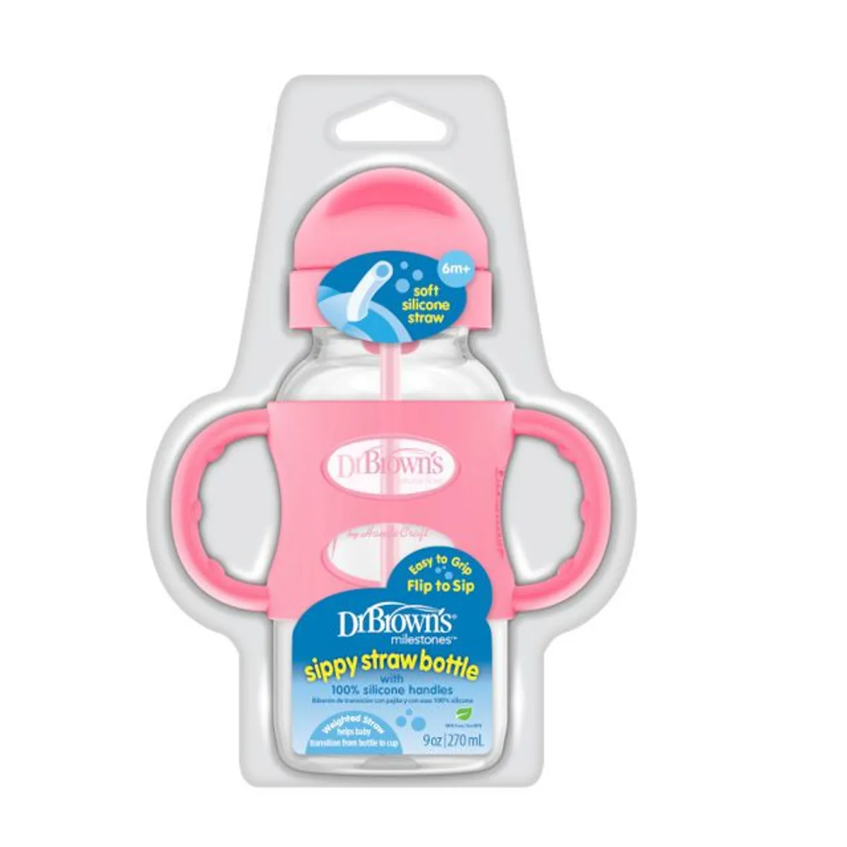 DR BROWNS - Biberón con Cañita y Asas Boca Ancha 9 oz color Rosado