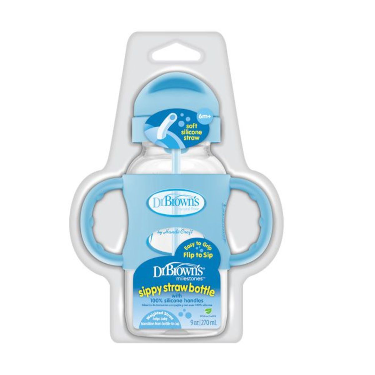 DR BROWNS - Biberón con Cañita y Asas Boca Ancha 9 oz color Azul