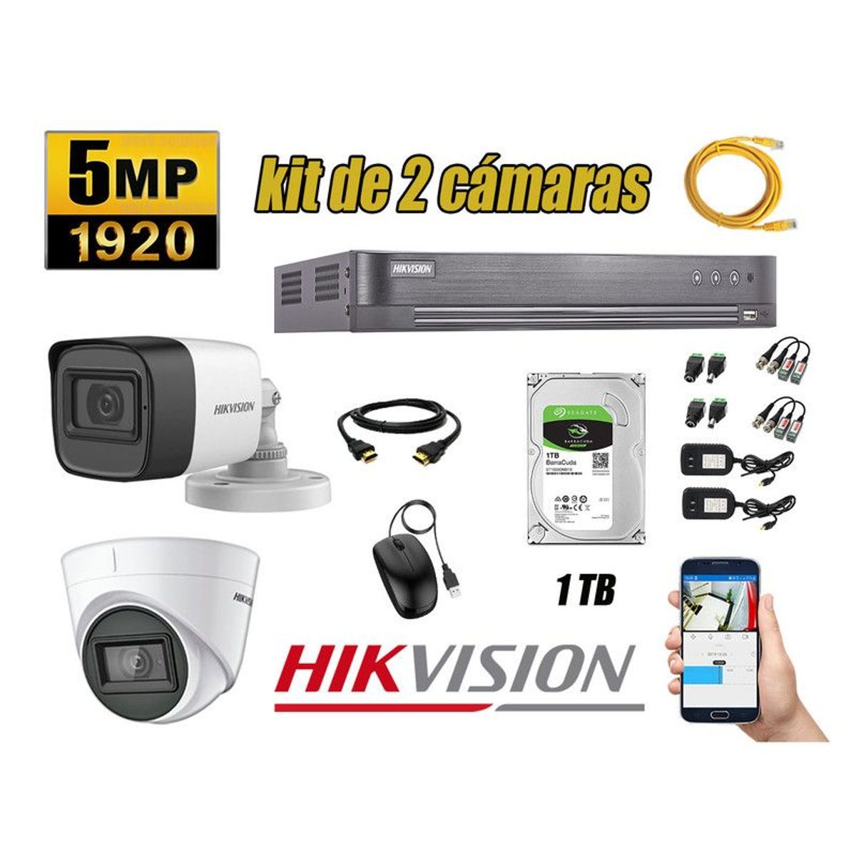 HIKVISION - CÁMARAS SEGURIDAD KIT 2 5MP + DISCO 1TB P2P HDMI