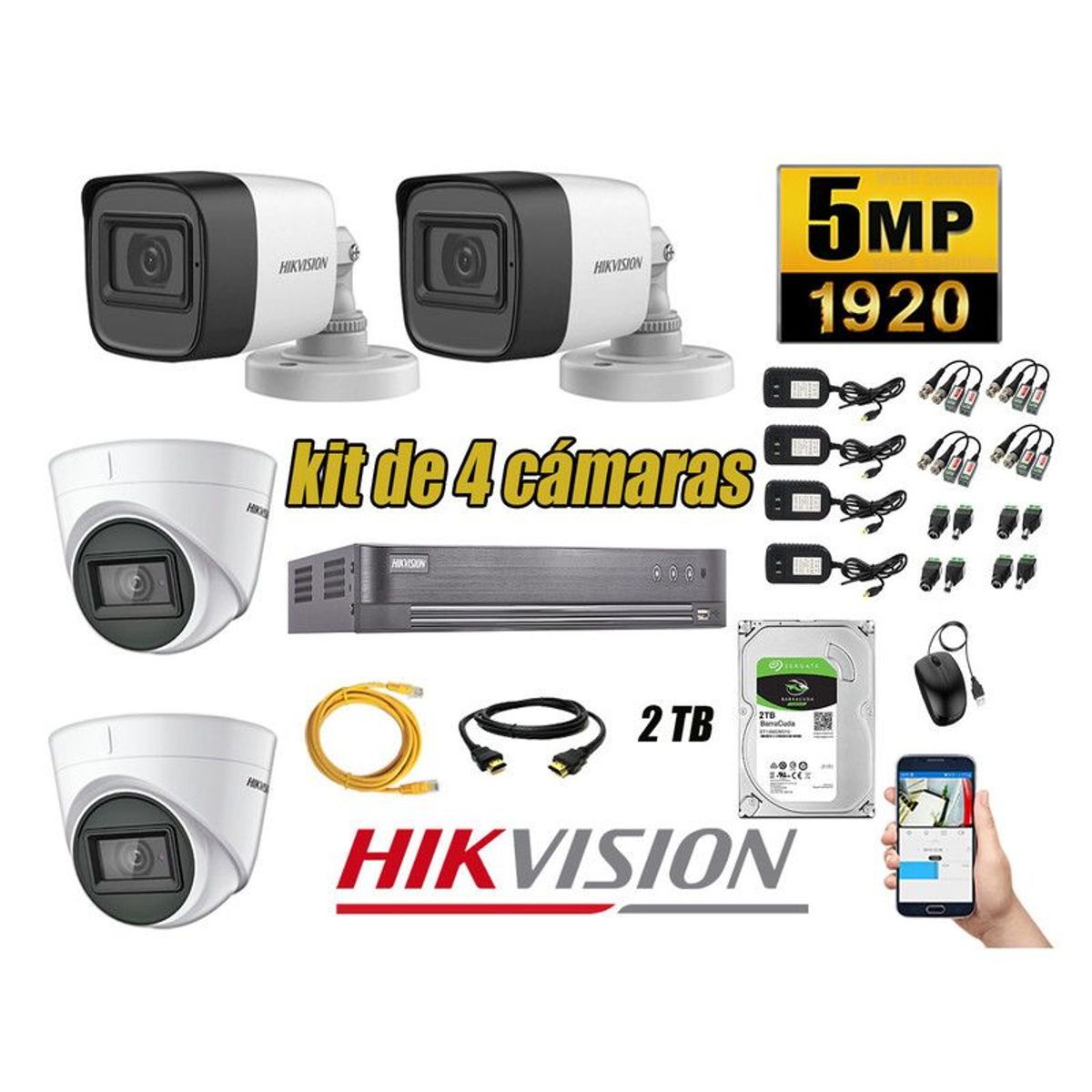 HIKVISION - CÁMARAS SEGURIDAD KIT 4 5MP + DISCO 2TB P2P HDMI
