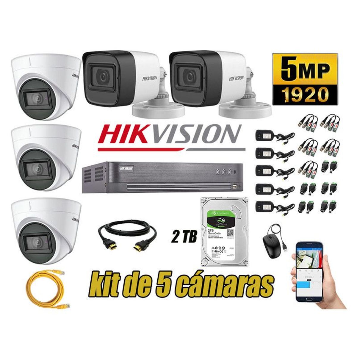 HIKVISION - CÁMARAS SEGURIDAD KIT 5 5MP + DISCO 2TB HDMI