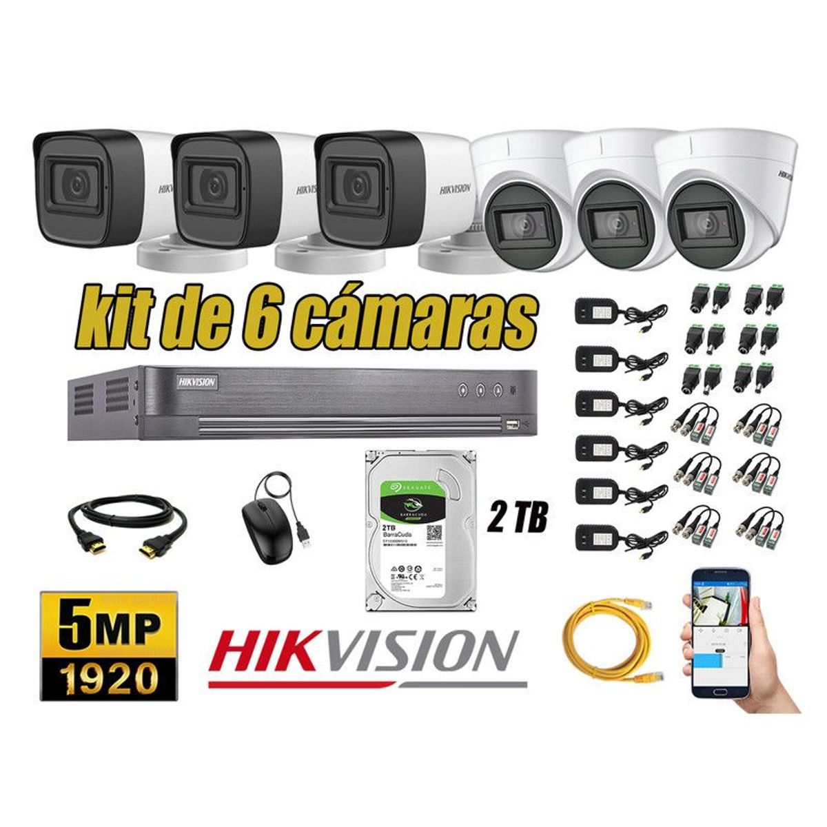 HIKVISION - CÁMARAS SEGURIDAD KIT 6 5MP + DISCO 2TB P2P HDMI